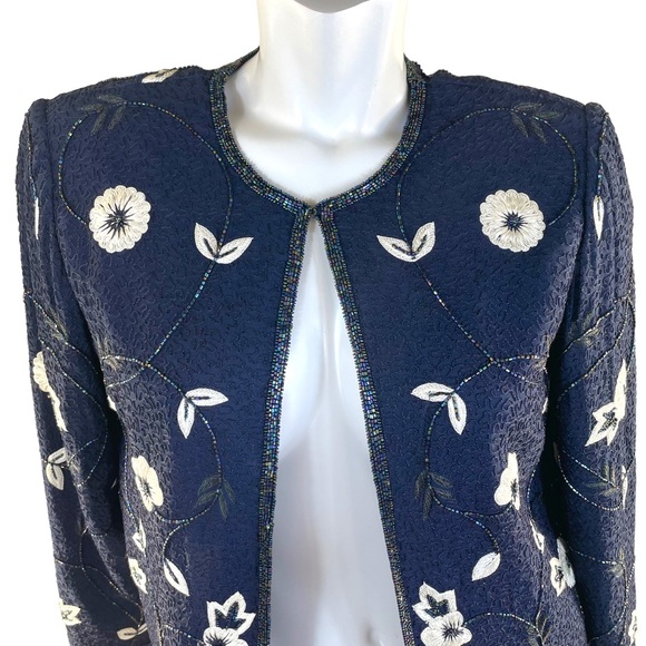 Adrianna Papell Vintage Silk Evening Beaded Navy Blue Embroidered Jacket SZ P10 - Picture 3 of 8